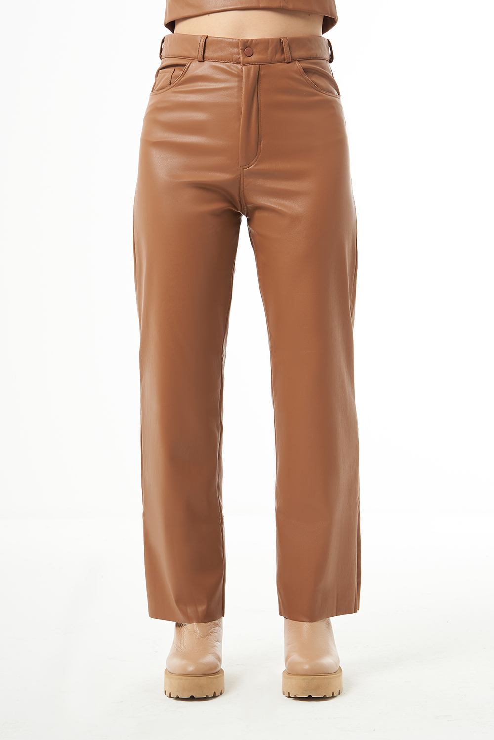 Deri Detaylı Bol Paça Mzl Camel Pantolon