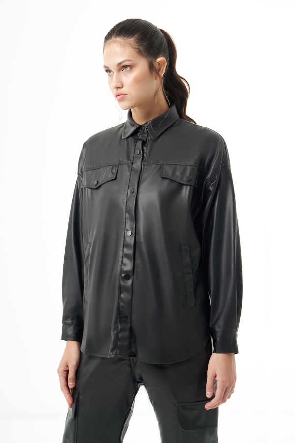 MZL - Deri Detaylı Mzl Siyah Ceket Gömlek